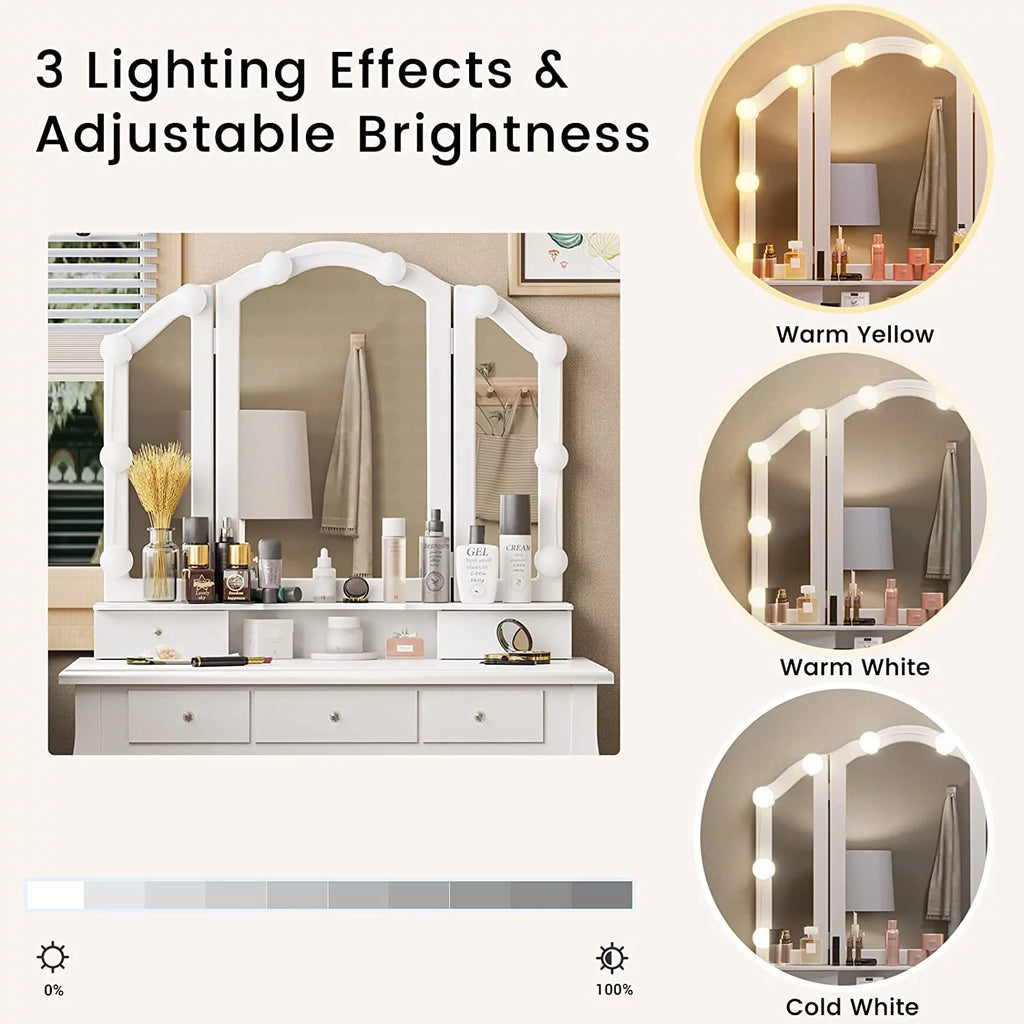White Vanity Table Set with Lighted Tri-Fold Mirror and Stool D673954