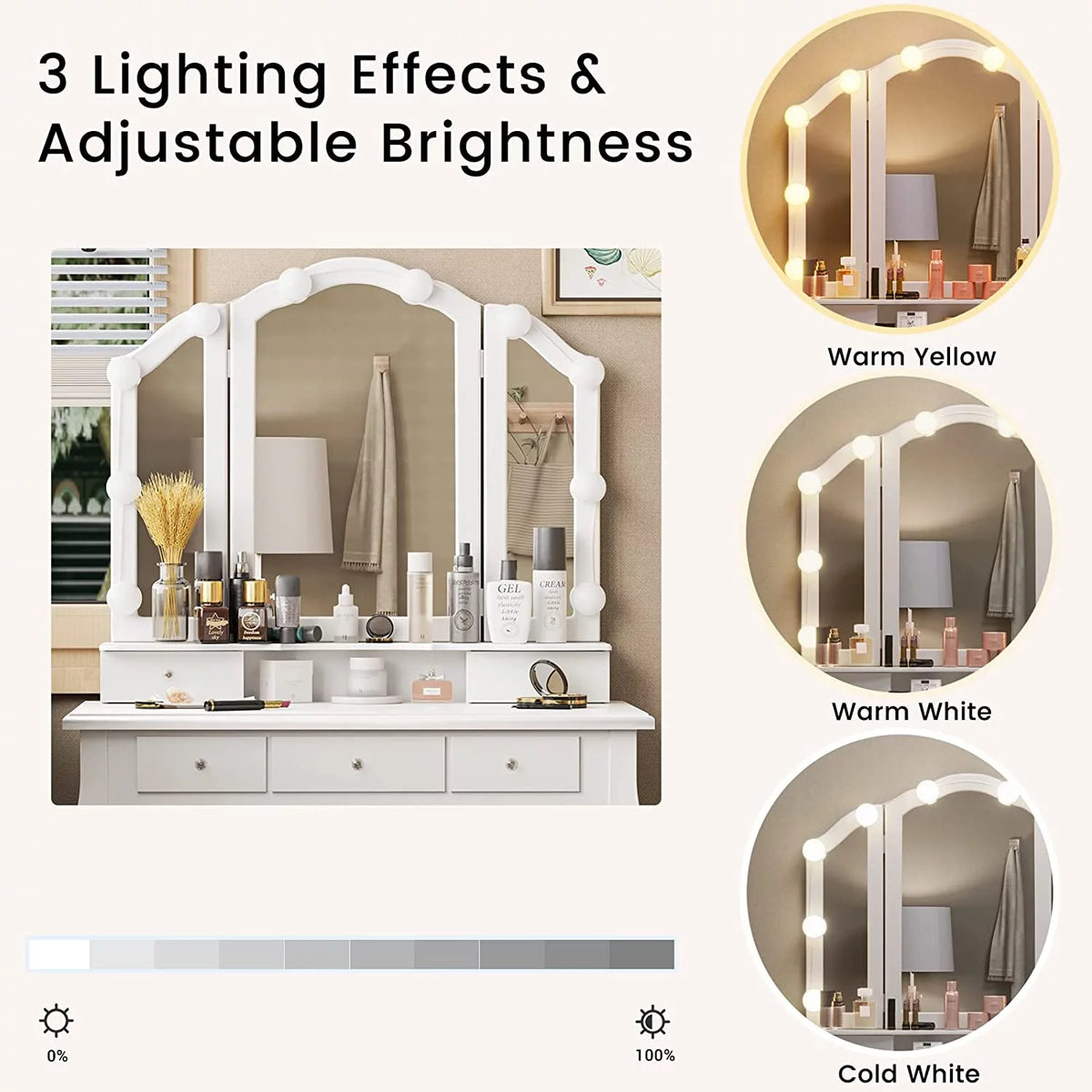 White Vanity Table Set with Lighted Tri-Fold Mirror and Stool D673954