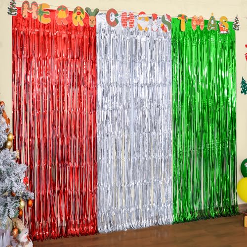 3 Pack Red Silver Green Tinsel Fringe Curtains B728304