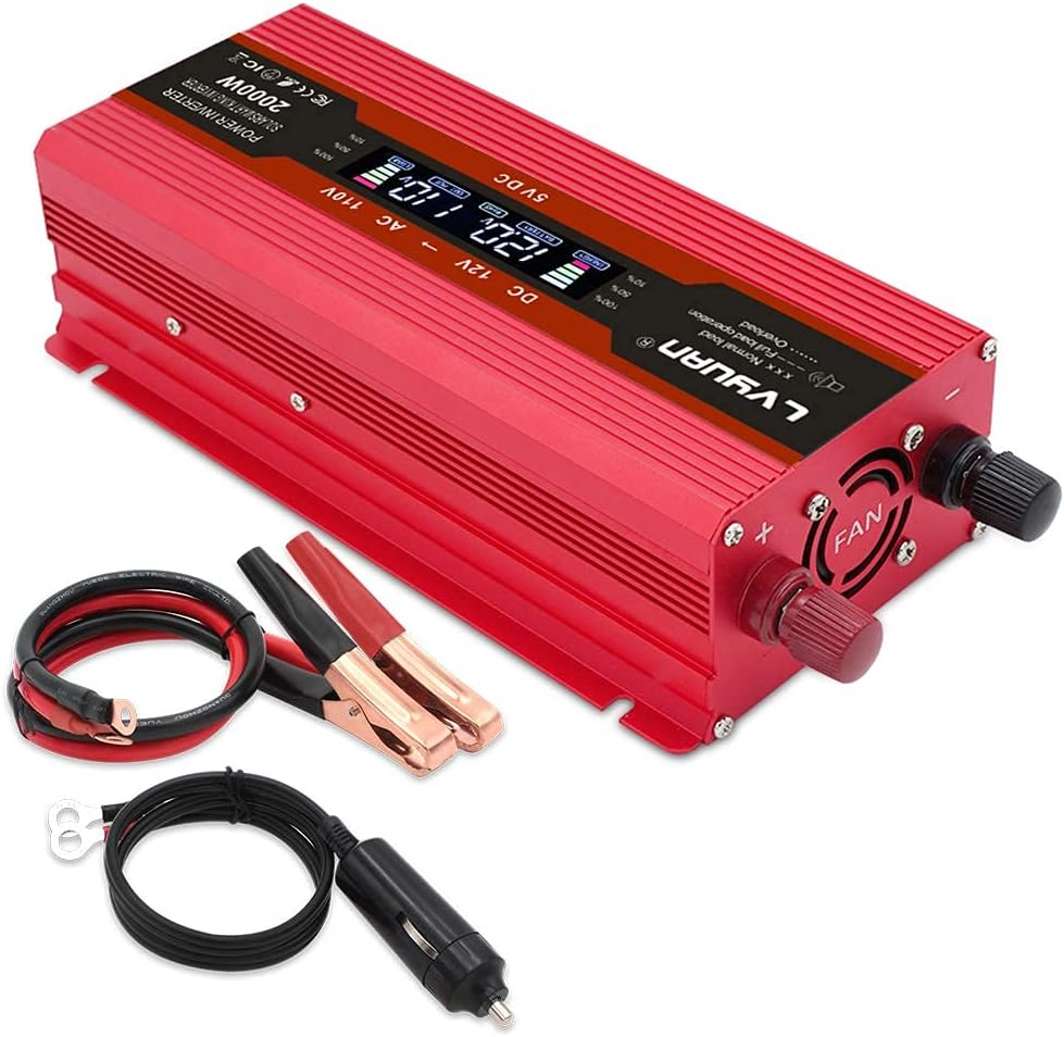 Power Inverter 1000W/2000W Dual AC Outlets Dual USB Charging Ports DC 12V to 110V AC Car Converter with Digital Display Pack of 2 W64340