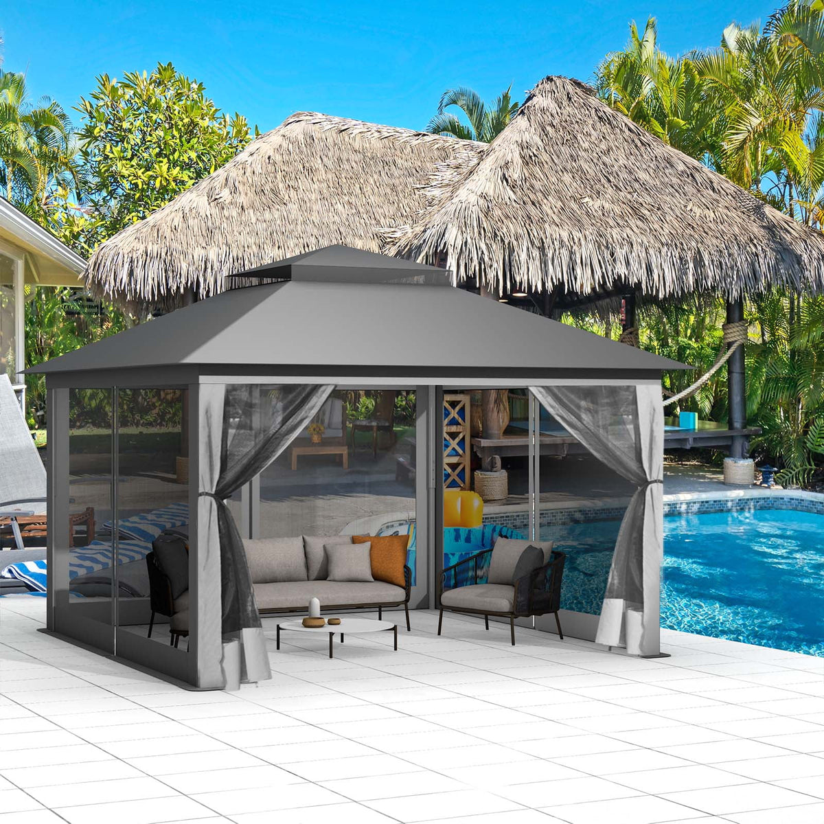 13 x13 ft Pop up Gazebo Canopy Shelter with Mosquito Netting, Brown Z97775