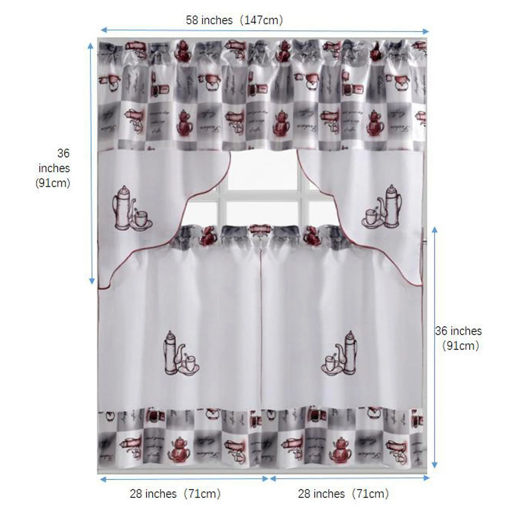 Coffee Embroidered 3-Piece Kitchen Curtain Tiers & Swag Set, 58x36 & 28x36 inches A786