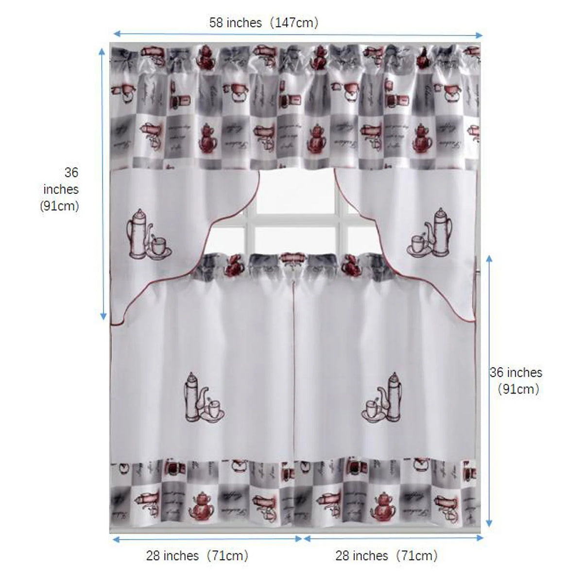Coffee Embroidered 3-Piece Kitchen Curtain Tiers & Swag Set, 58x36 & 28x36 inches A786
