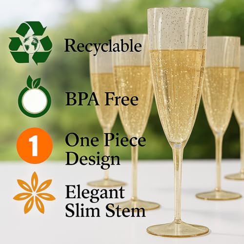 6 Oz Gold Glitter Plastic Champagne Glasses 24 Pack Q147