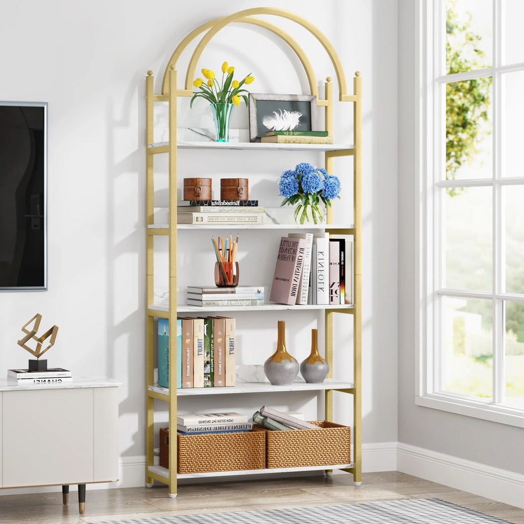 72.4 inch Tall Gold Metal 5 Shelf Arched Bookcase H5385