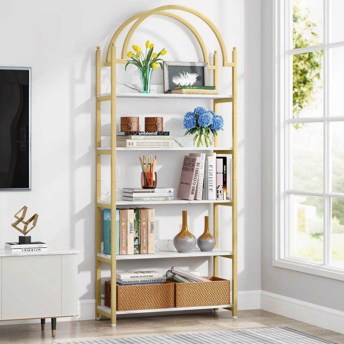 72.4 inch Tall Gold Metal 5 Shelf Arched Bookcase H5385