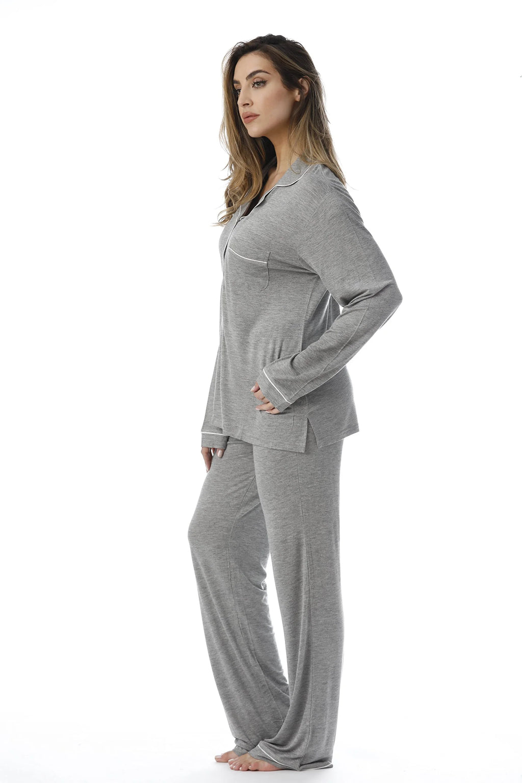 Grey Cream Rayon Spandex Button Down Pajama Pant Set with Notch Collar F736