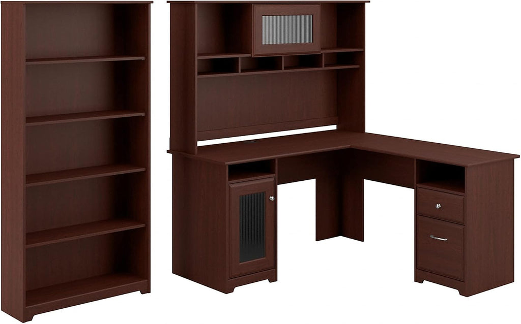 Espresso Oak L Shaped Desk with Hutch and 5 Shelf Bookcase U837