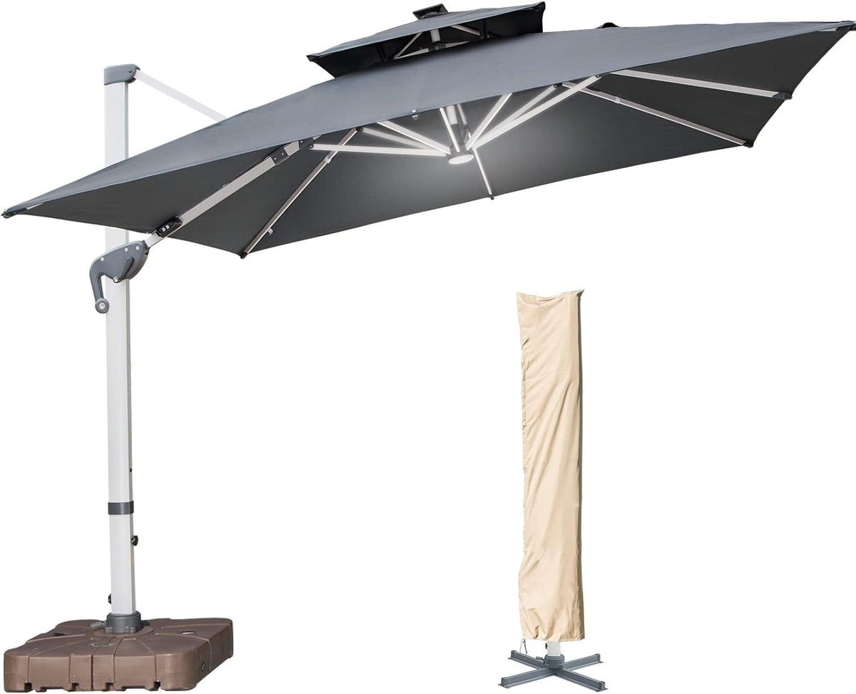 10 FT Square Cantilever Umbrella with Solar LED Lights and Cross Base, Beige U30948