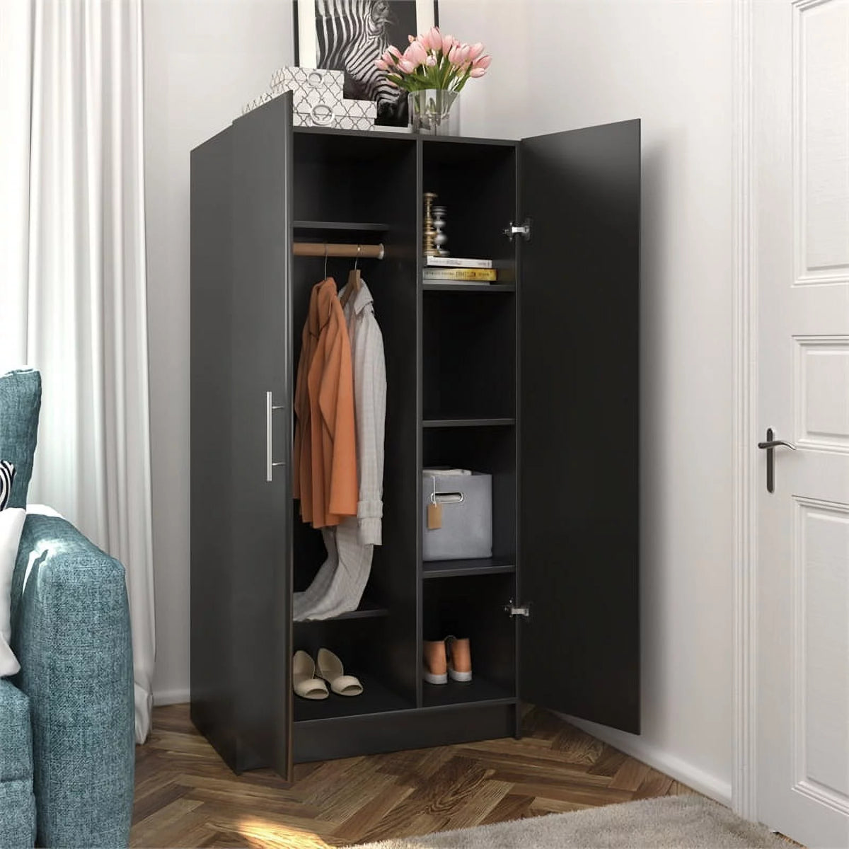 Black Storage Cabinet with Hanging Rail and Shelves W903