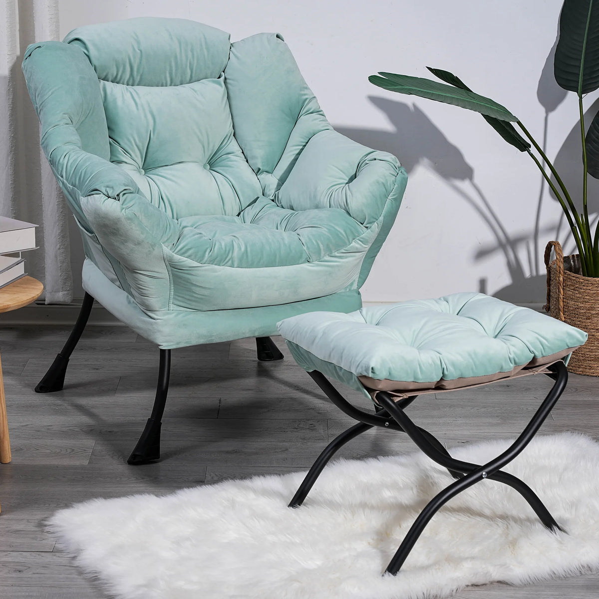 Green Upholstered Fabric Accent Chair with Ottoman C38925