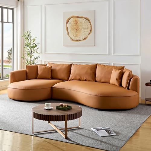 Grey Leather Curved Sectional Sofa with Pillows P777