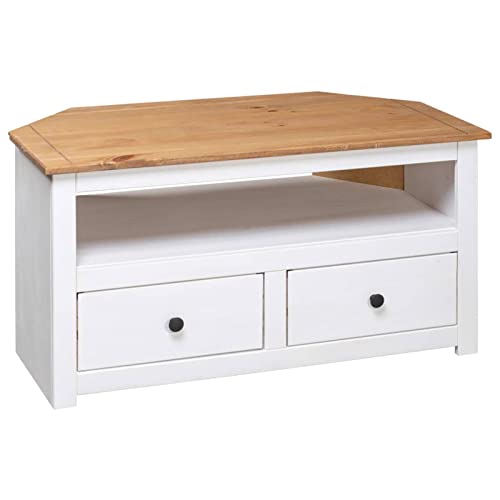 Pine Wood Corner TV Cabinet with 2 Storage Drawers and 1 Open Compartment, 36.6 x 19.3 x 19.3 Inches R4811