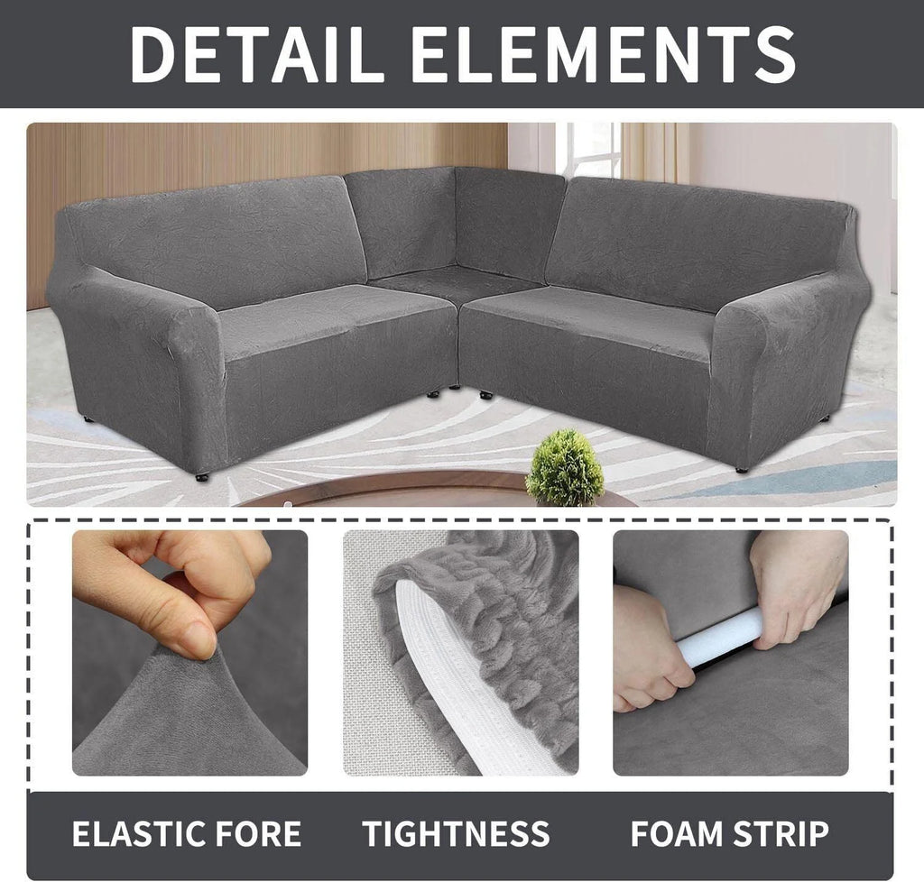 3-Piece L Shape Velvet Sectional Couch Cover, Grey R700