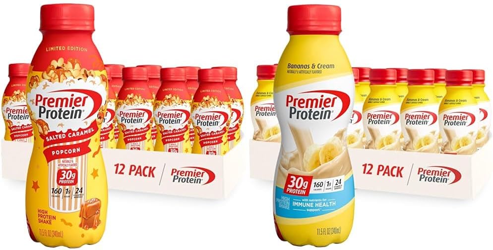 12 Pack Premier Protein Shake, 30g Protein, Salted Caramel Popcorn and Bananas & Cream Flavors K821237