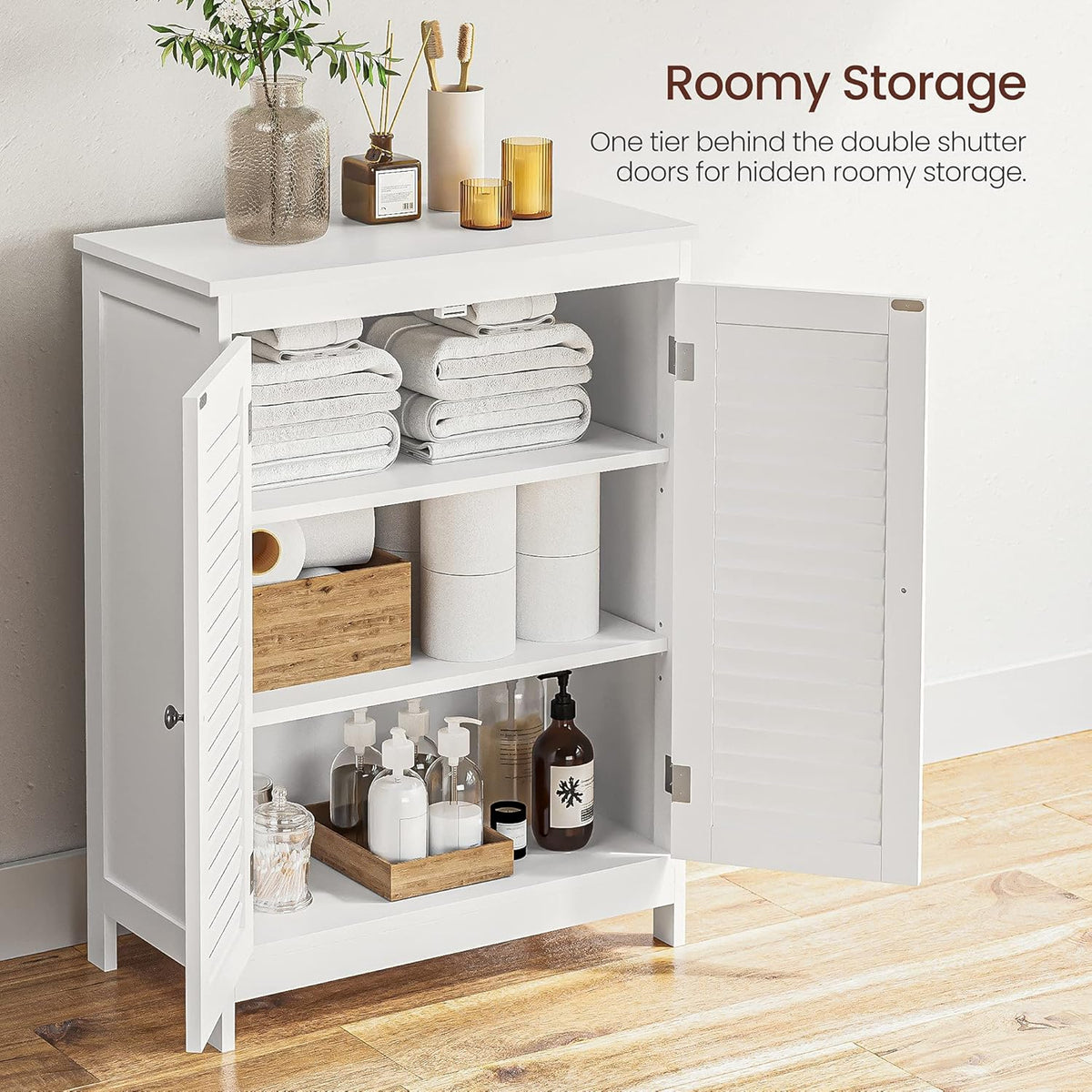 White Bathroom Storage Cabinet with Double Shutter Doors and Adjustable Shelf L591