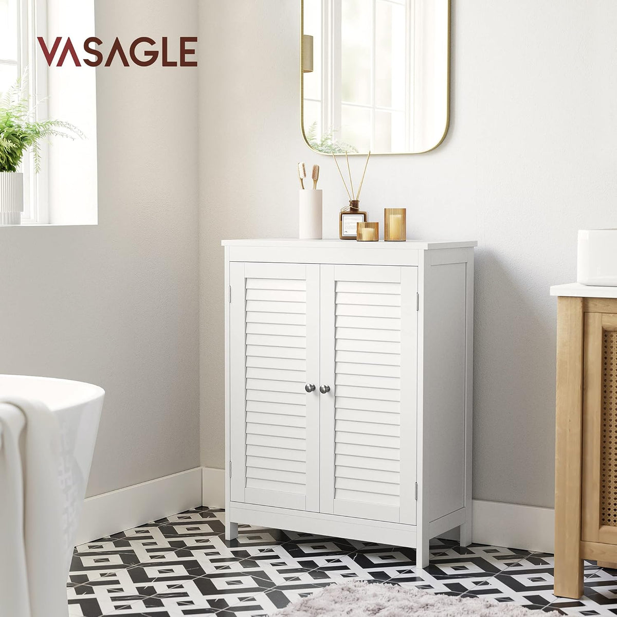 White Bathroom Storage Cabinet with Double Shutter Doors and Adjustable Shelf L591