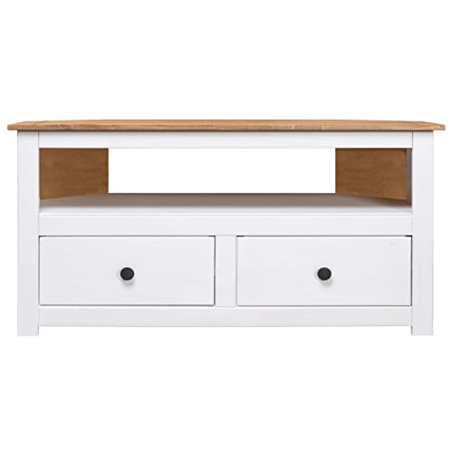 Pine Wood Corner TV Cabinet with 2 Storage Drawers and 1 Open Compartment, 36.6 x 19.3 x 19.3 Inches R4811