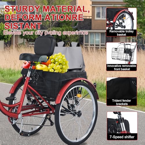 26 inch 7 Speed Adult Tricycle with Front & Rear Baskets N857