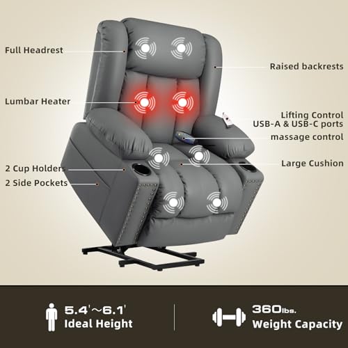Large Power Lift Recliner Chairs with Heat and Massage Set of 2, Breathable Leather, Dark Brown X25577