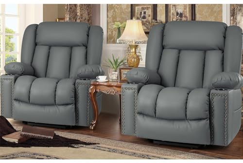 Large Power Lift Recliner Chairs with Heat and Massage Set of 2, Breathable Leather, Dark Brown X25577