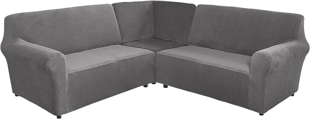3-Piece L Shape Velvet Sectional Couch Cover, Grey R700