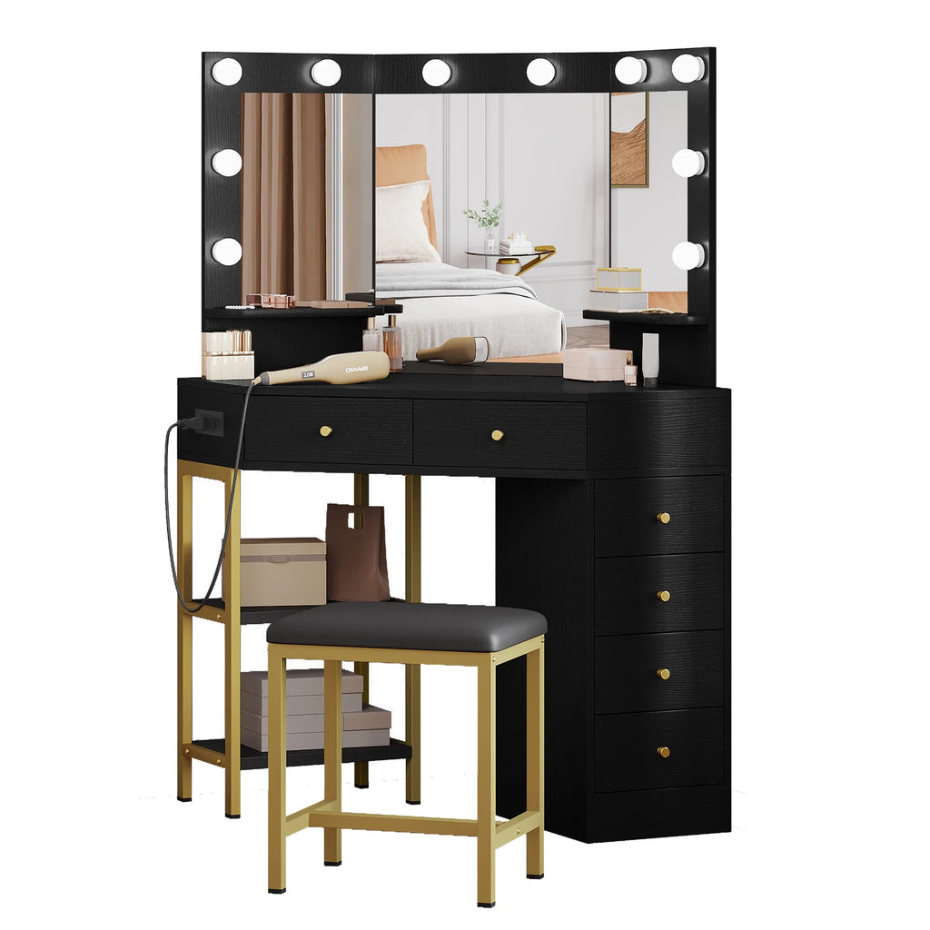 Black Corner Vanity Desk with Mirror and 6 Drawers U465