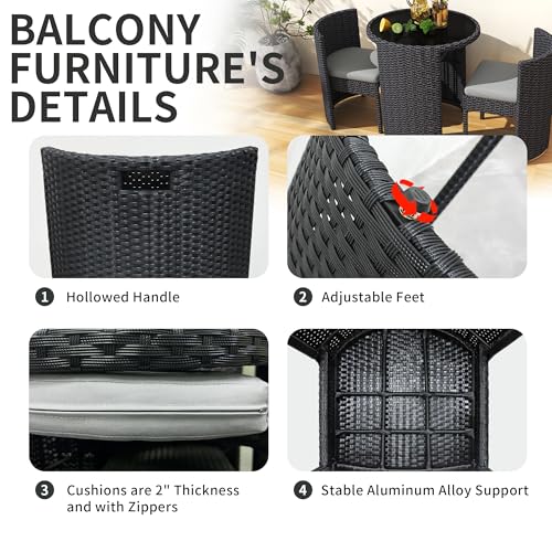 3 Pieces Aluminum Wicker Patio Bistro Set with Tempered Glass Table Black Z72165