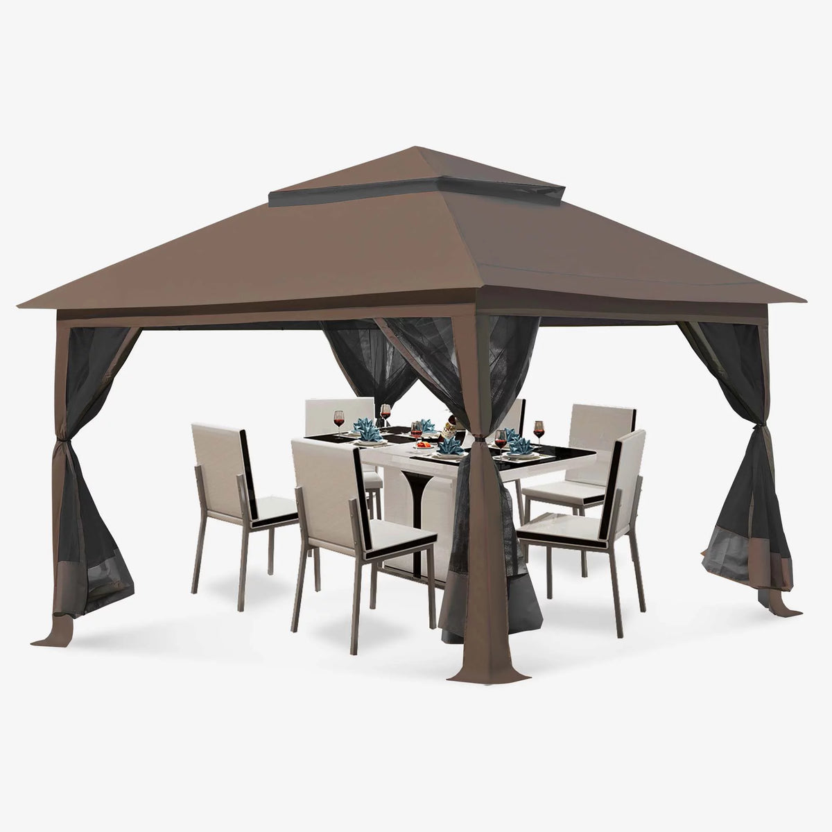 13 x13 ft Pop up Gazebo Canopy Shelter with Mosquito Netting, Brown Z97775