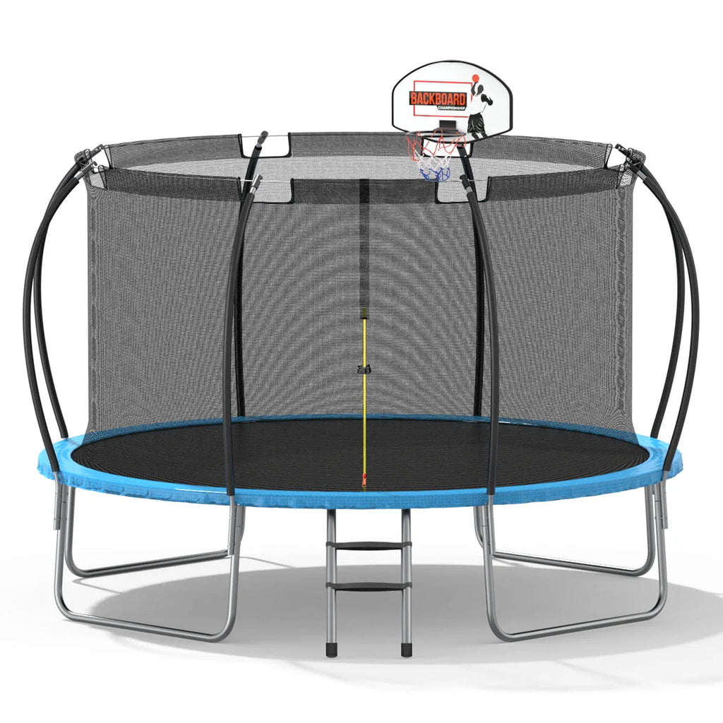 12' Round Backyard Trampoline with Safety Enclosure and Basketball Hoop L130