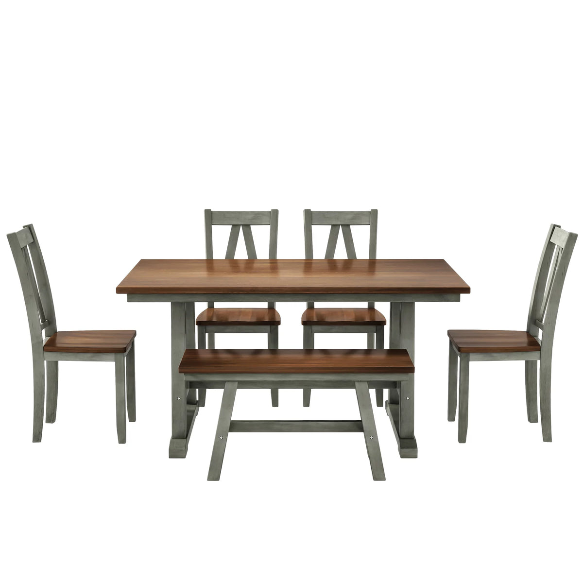 6-Piece Wood Dining Table Set with Bench and 4 Chairs B27829