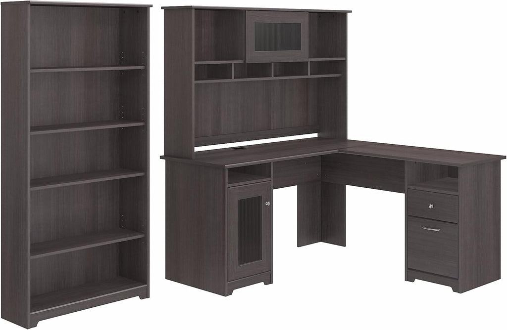 Espresso Oak L Shaped Desk with Hutch and 5 Shelf Bookcase U837