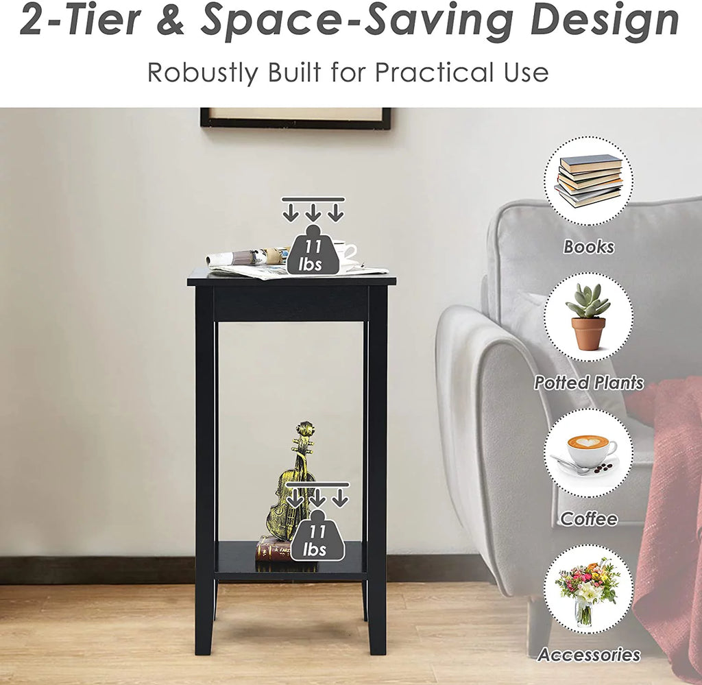 Black 2-Tier End Table Set of 2 with Wooden Legs U884