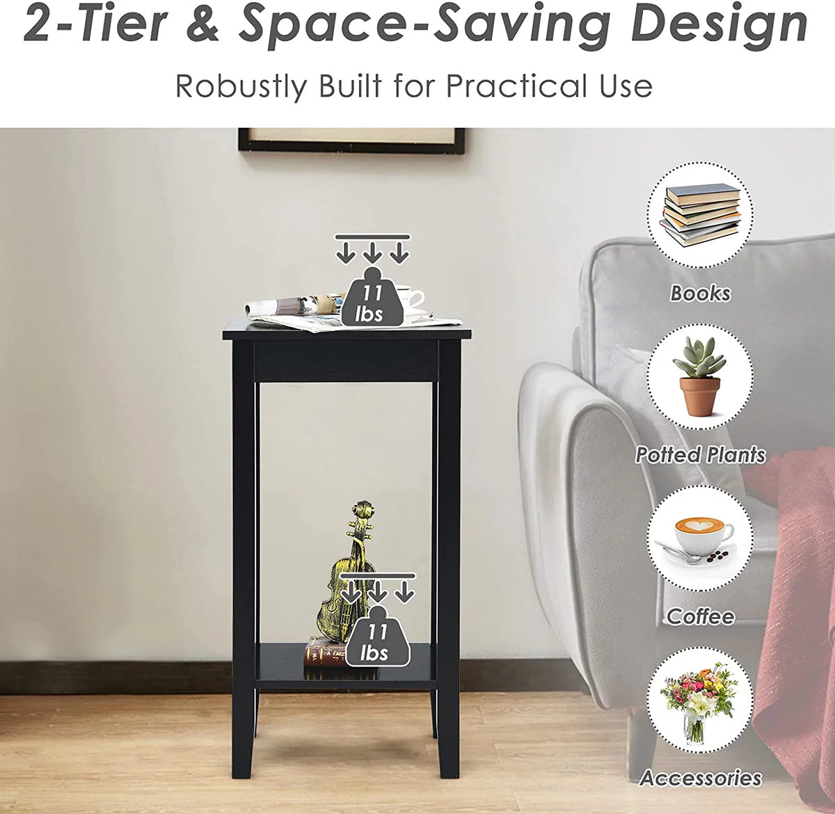 Black 2-Tier End Table Set of 2 with Wooden Legs U884