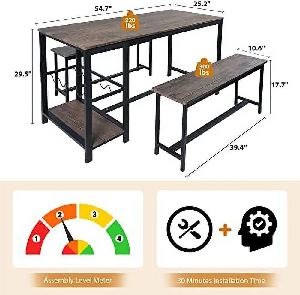Dining Table Set 4 with 2 Benches 3-Piece Wood Rustic Brown & Black S57512