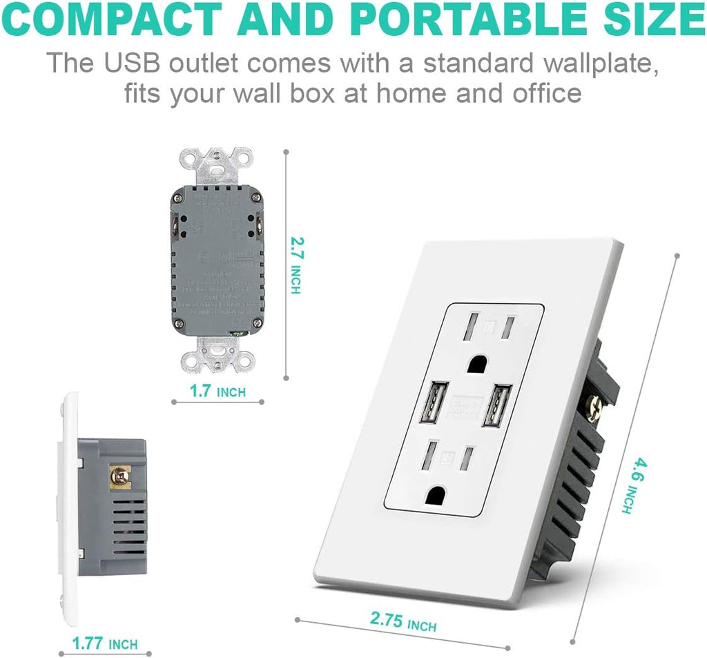 White 4.8A USB Outlet Duplex Receptacle 15 Amp, Pack of 2 E3207