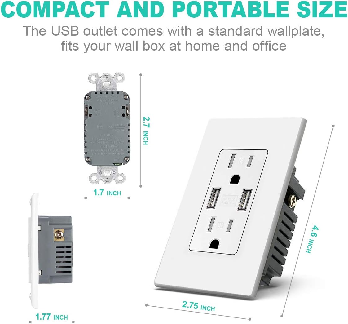 White 4.8A USB Outlet Duplex Receptacle 15 Amp, Pack of 2 E3207