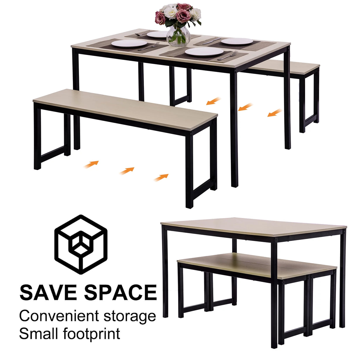3 Pieces Dining Table Set with 2 Benches M6481