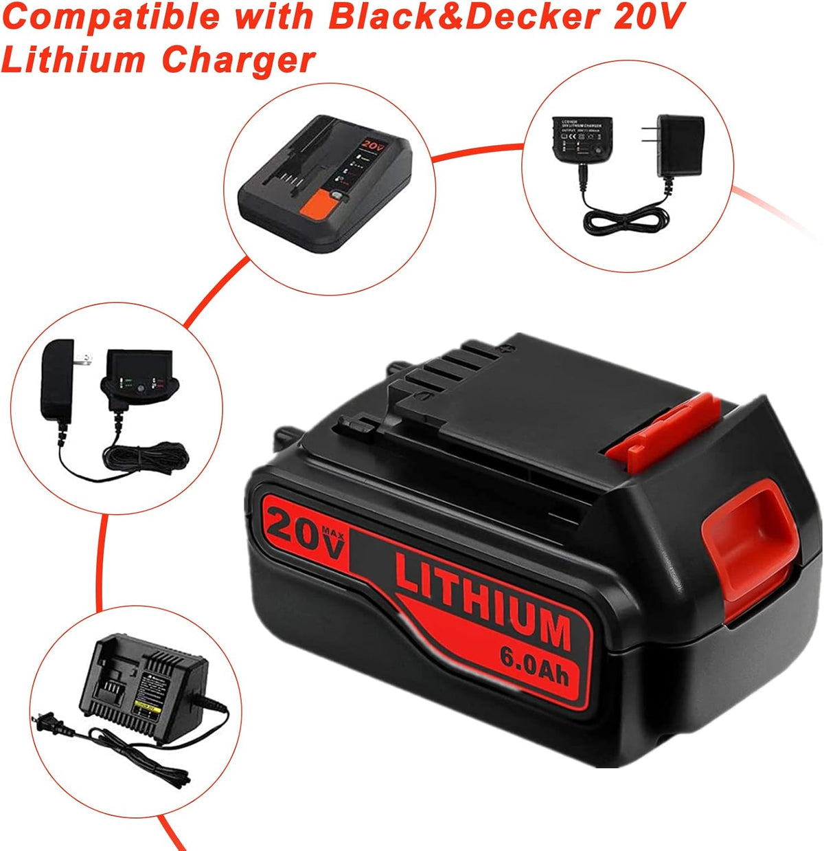 2 Pack 6.0Ah LBXR20 Battery Replacement for Black and Decker 20V Max Lithium Ion Cordless Tool Battery W6876