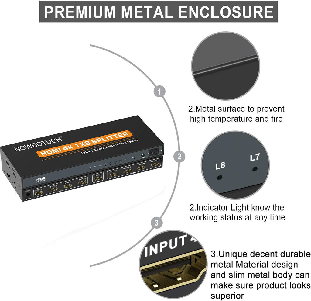 1x8 HDMI Splitter 8 Port 1 in 8 Out Powered Ver 1.4 Full HD 1080P 3D Support W8593