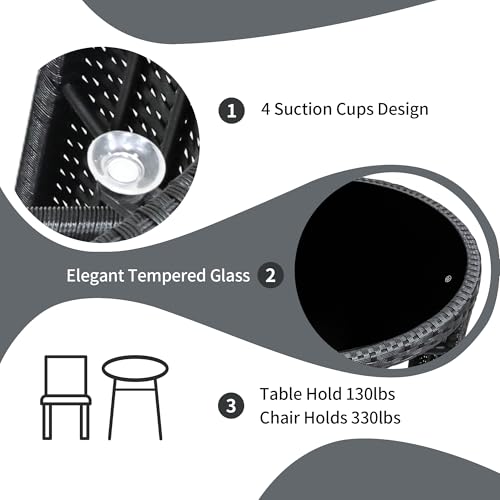 3 Pieces Aluminum Wicker Patio Bistro Set with Tempered Glass Table Black Z72165