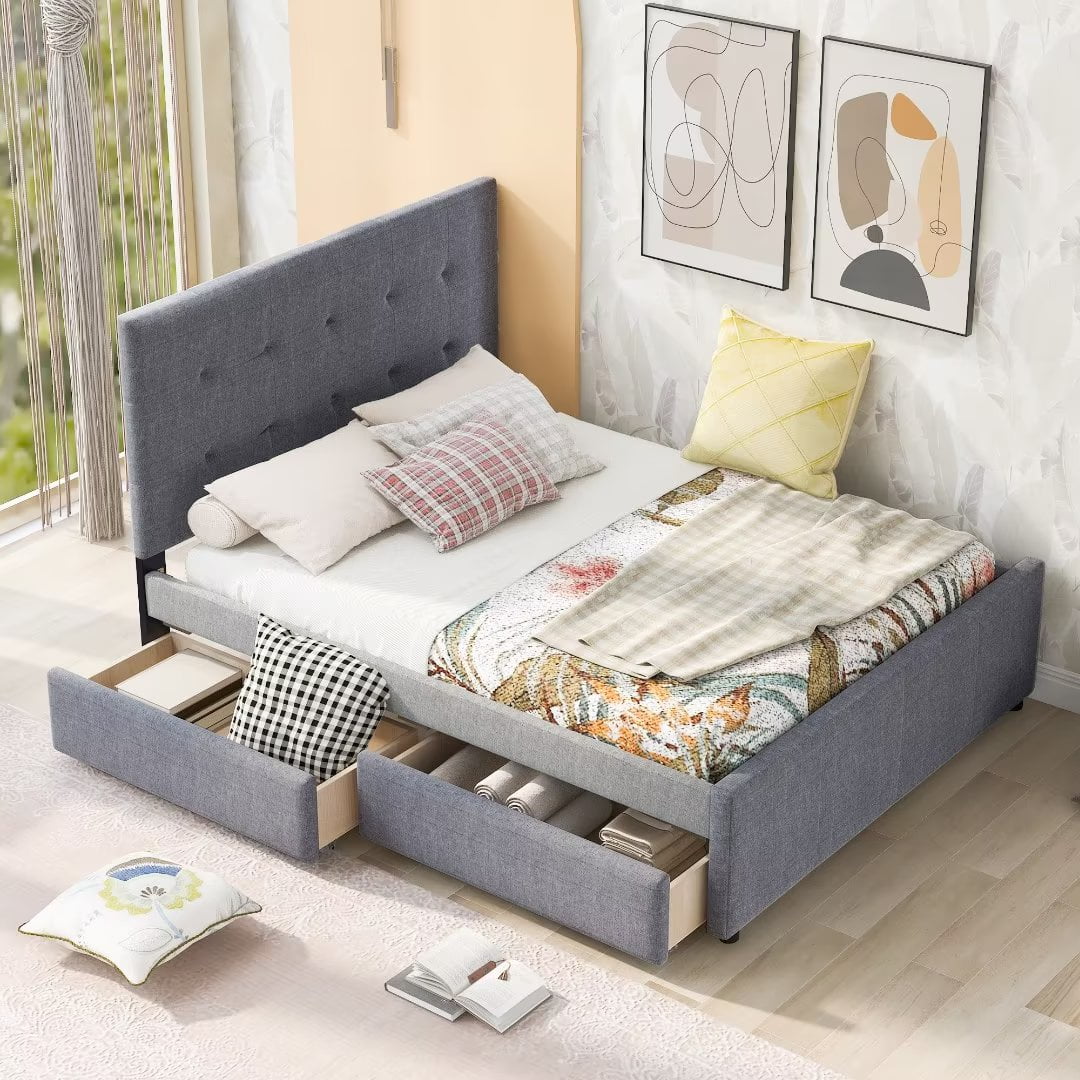 Queen Size Upholstered Platform Bed Frame with Storage 2 Drawers Z929