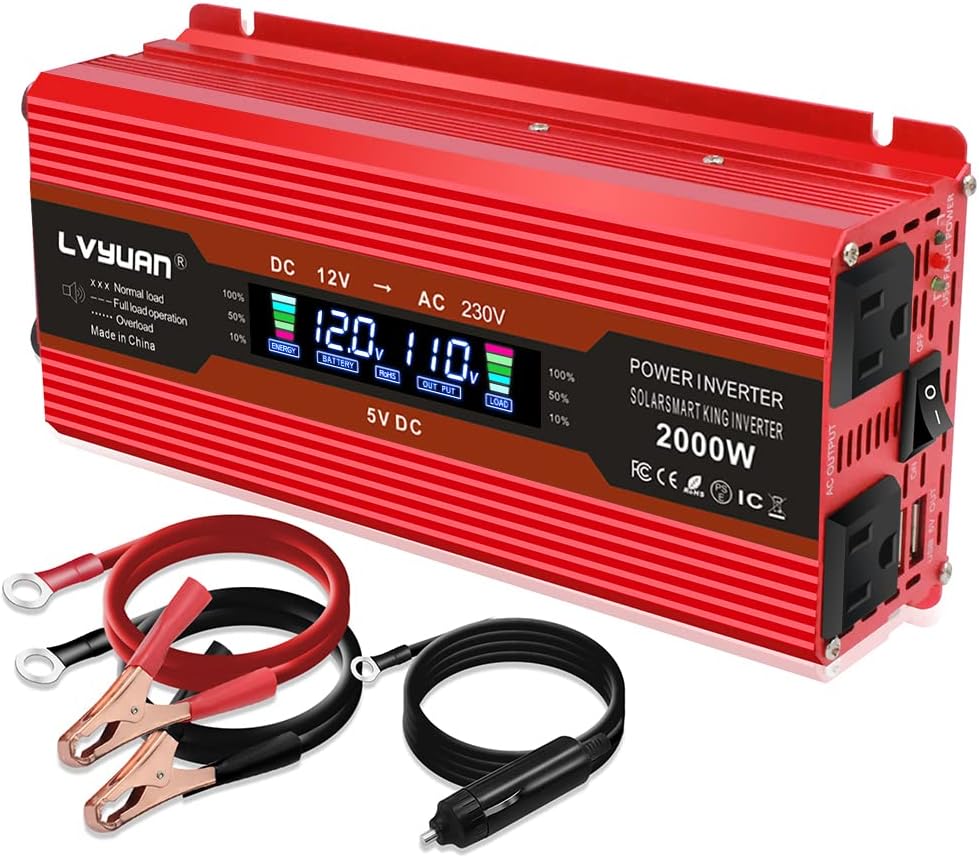 Power Inverter 1000W/2000W Dual AC Outlets Dual USB Charging Ports DC 12V to 110V AC Car Converter with Digital Display Pack of 2 W64340