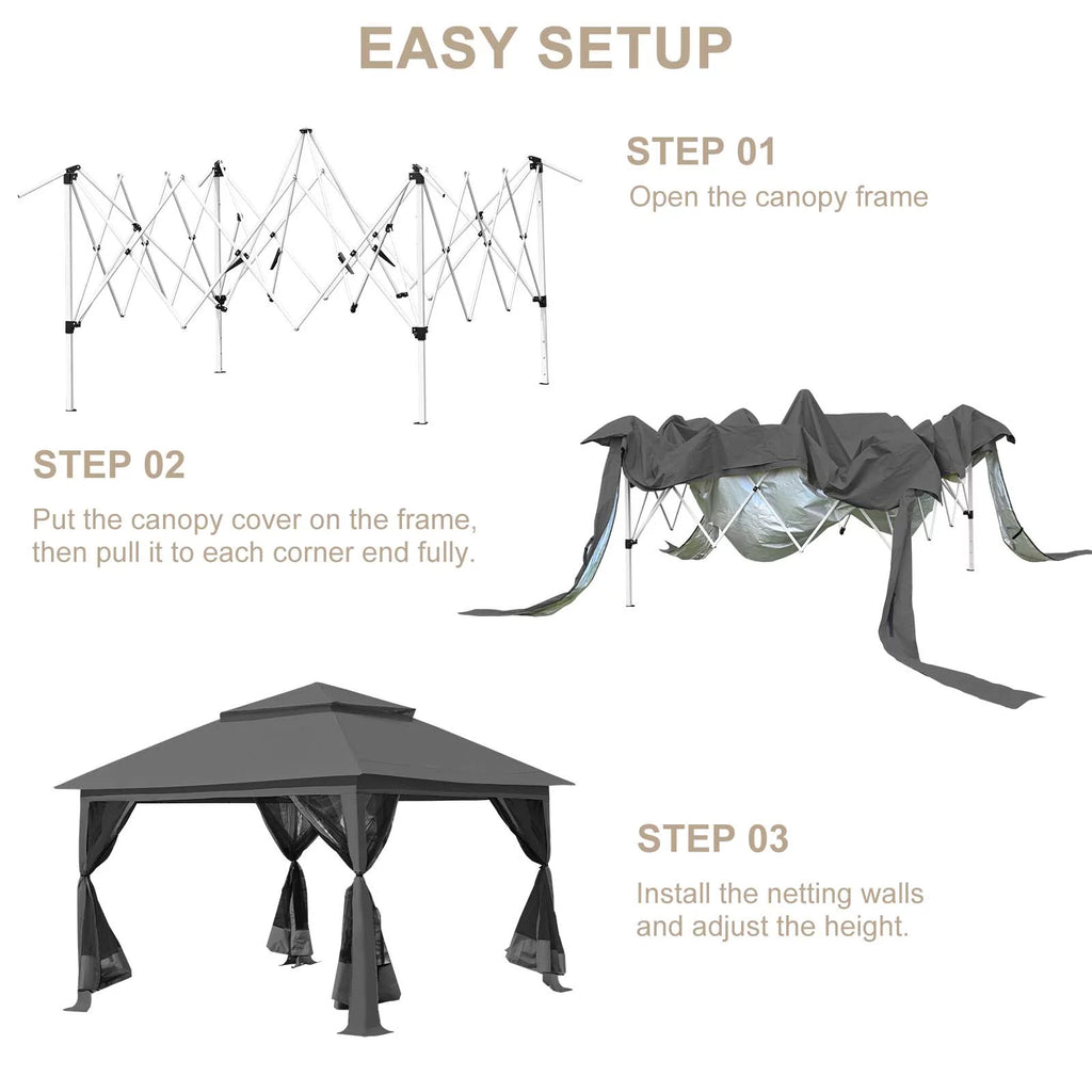 13 x13 ft Pop up Gazebo Canopy Shelter with Mosquito Netting, Brown Z97775