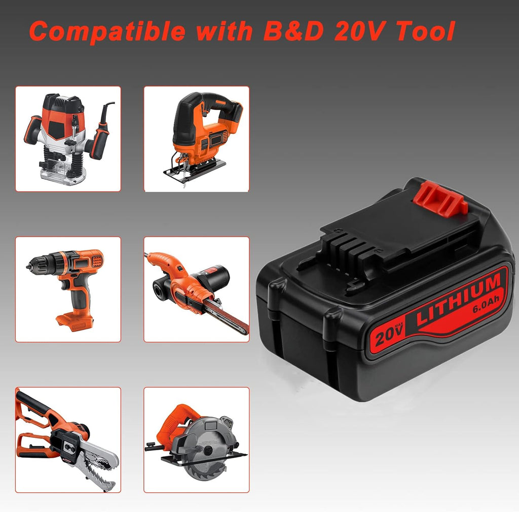 2 Pack 6.0Ah LBXR20 Battery Replacement for Black and Decker 20V Max Lithium Ion Cordless Tool Battery W6876