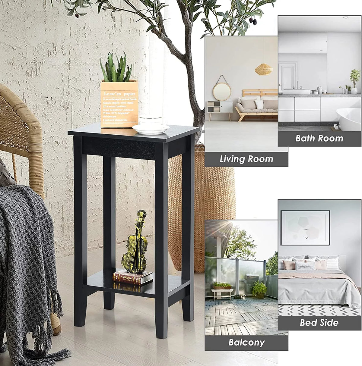 Black 2-Tier End Table Set of 2 with Wooden Legs U884