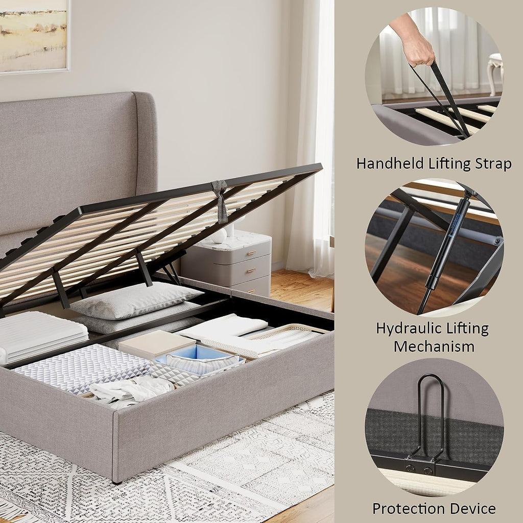 King Size Light Gray Linen Upholstered Platform Bed Frame I856224
