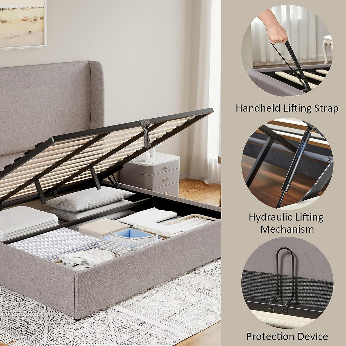 King Size Light Gray Linen Upholstered Platform Bed Frame I856224