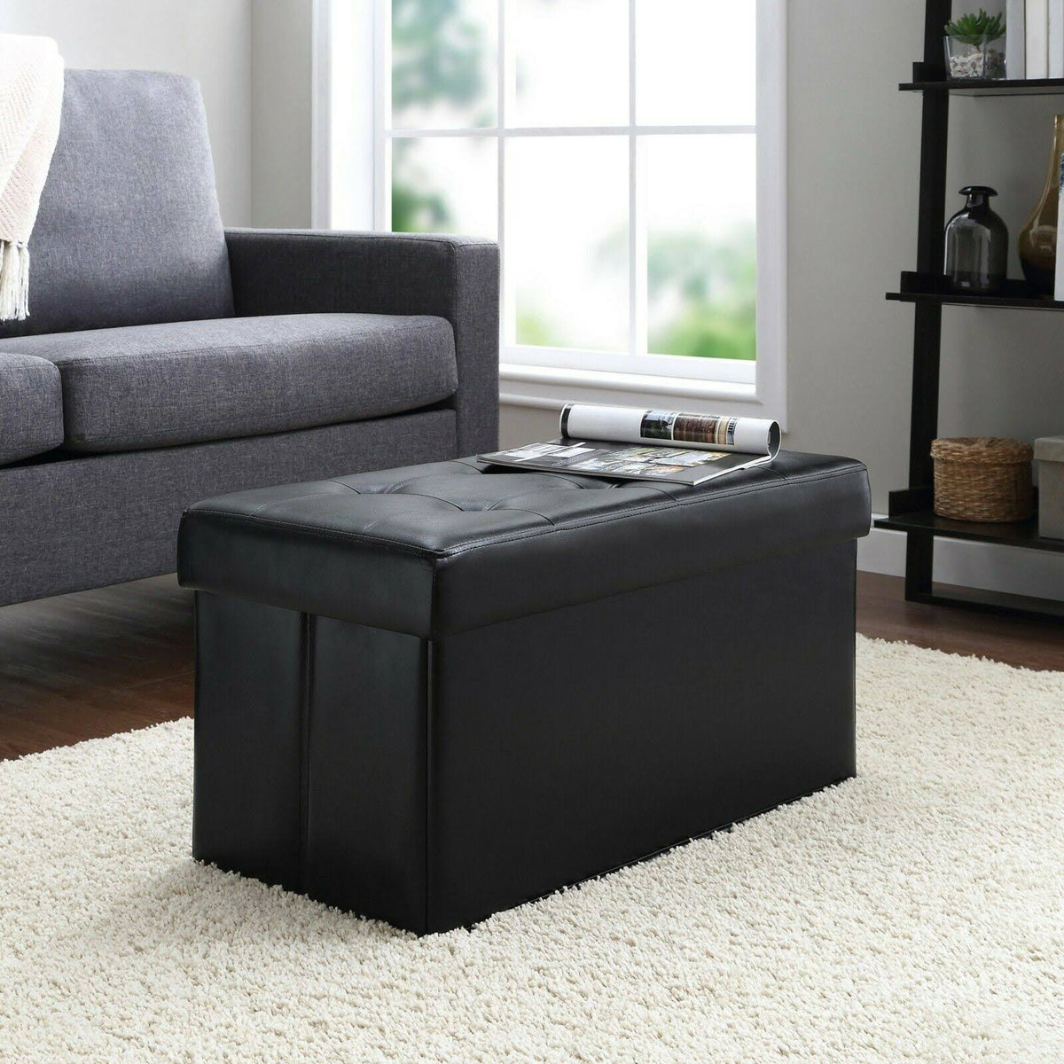 Collapsible Quilted Black Faux Leather Storage Ottoman R776836
