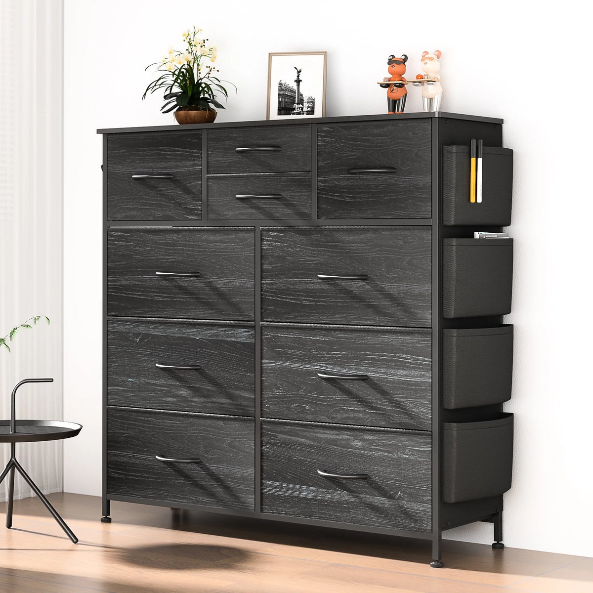 10 Drawer Fabric Dresser with Side Pockets and Hooks A3729